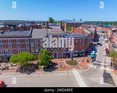 Portsmouth historische Gebäude aus der Vogelperspektive am Market Square in der Congress Street in der Market Street in Portsmouth, New Hampshire NH, USA. Stockfoto