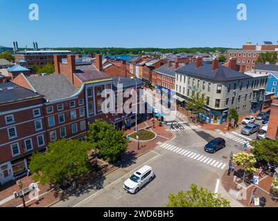 Portsmouth historische Gebäude aus der Vogelperspektive am Market Square in der Congress Street in der Market Street in Portsmouth, New Hampshire NH, USA. Stockfoto