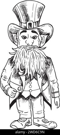 Leprechaun, mit Bart in Gentleman Hut für den Heiligen Patricks Tag, isoliert auf weiß. Handgezeichnete Zeichnung. Für Design, Web, Karten, Schwarz und W Stock Vektor
