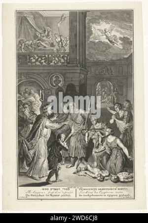 Tod der Erstgeborenen in Ägypten, J. van Buysen, nach Gerard Hoet (I), ca. 1711 - ca. 1720 Druck Gott bestraft die Ägypter, indem er alle Erstgeborenen tötet. Ein totes Kind kann in jedem Haus bereut werden. Der Pharao-Sohn wurde ebenfalls getötet. Direkt über dem Engel Gottes, der den Tod über Ägypten gebracht hat. Illustration für das Alte Testament, Exod. 12: 29-33. Unter der Show ein Titel in Hebräisch, Englisch, Deutsch, Lateinisch, Französisch und Niederländisch. Amsterdam (möglicherweise) Papier ätzt / graviert die Pest des Erstgeborenen: Der zerstörende Engel durchquert das Land und tötet jeden ägyptischen Erstgeborenen von Mensch und Tier Stockfoto