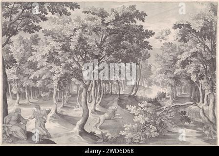 Die fünfte Vision von Esra, Nicolaes de Bruyn, 1613 drucken die fünfte Vision von Esra. In einem Haufen brüllt ein Löwe in den Himmel, wo sich ein brennender Adler mit drei Köpfen verschlingt. Links im Vordergrund erklärt ein Engel dem Propheten Esra (2 Esra) die Vision. In der oberen rechten Ecke das Tetragramm als Symbol für Gott den Vater. Antwerpener Papiergravur Ezras Vision vom Adler und Löwen (2 Esdras 11-12) (+ Engel). Esras Vision des Adlers und des Löwen (2 Esdras 11-12) (+ Gott der Vater in Form des Lichts). Tetragramm (in römischer oder hebräischer Schrift)  Symbol Gottes Vater Stockfoto