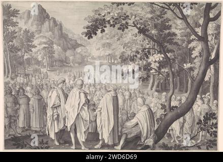 Predigt der Apostel, Nicolaes de Bruyn, 1622 Druck vier Apostel predigen in der Wildnis für eine Menge Gläubiger. Rotterdamer Papierstich-Schüler Predigen und Taufen (allgemein) Stockfoto