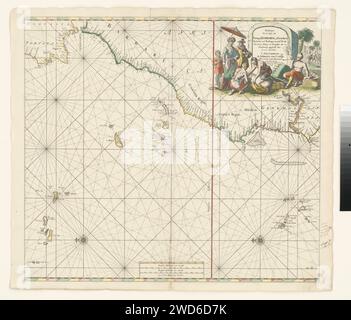 Pass Card von der Küste von Portugal nach Gambia, Jan Luyken, 1680 - 1715 Print Sea Card von der Küste von Portugal, Spanien, Marokko, Mauretanien, Senegal und Gambia mit den Kanarischen Inseln und den Kap Verde Inseln. Mit zwei Kompassrosen liegt der Norden auf der linken Seite. Oben rechts ein Stein mit dem Titel, wo verschiedene Figuren mit Waren. In der Mitte der Skala in Deutsch, Spanisch und Englisch oder Französisch Meilen. Amsterdam Papierätzung / Bürstenpfeife  Tabak. Ware wird geprüft. Bäume: Palmen. Kopfbedeckung: Turban Portugal. Afrika. Kapeverdische Inseln. Kanarische Inseln Stockfoto