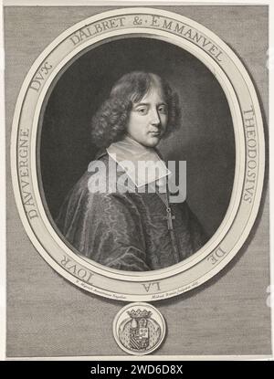 Portret van Kardinaal Emmanuel Théodore de la Tour d’Auvergne, Michel Natalis, nach Nicolas Mignard, 1665 Druck Porträt von Emmanuel Théodore de la Tour d’Auvergne, Kardinal von Bouillon, mit einem Kreuz auf der Brust. Büste nach rechts in Oval mit Rand. Am unteren Rand seine Waffe. Papiergravur Stockfoto