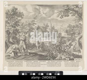 Allianz zwischen David und Jonatan, Anonym, nach Aegidius Sadeler (II), nach Maerten de Vos, nach Jacob Savery (I), 1630–1702 Druck David kniet im Vordergrund für Jonatan in einer Landschaft. Im Hintergrund erschießt Jonatan die Höhle, in der David sich versteckt. Ein junger Diener nimmt die Pfeile auf. Aufgrund dieser Aktion weiß David, dass Saul will, dass er stirbt. Unter der Ausstellung der Titel in lateinischer Sprache, vier vierzeilige Verse in niederländischer Sprache und ein Verweis auf den Bibeltext in 1 SAM. 20. Amsterdamer Papierstich David berät Jonathan (vor Ort); Jonathan verspricht seine Loyalität. Treffen von David und Jona Stockfoto