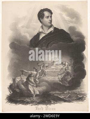 Gedenkporträt von Lord Byron, Mathieu Barathier, 1826 drucken vier Musen mit Musikinstrumenten trauern um Lord Byron auf seinem Totenbett (1824). Einer von ihnen legt einen Kranz um eine Urne auf einem Grabdenkmal. Paris Papier. Historische Personen. Trauer um die Toten Stockfoto