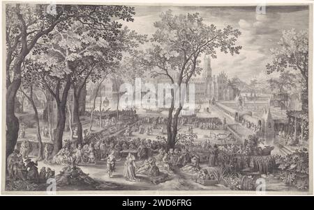 Feiern Sie im Garten eines Palastes, Nicolaes de Bruyn, nach David Vinckboons, 1604 drucken Sie Einen Garten mit einem großen Palast im Hintergrund. Im Garten wird eine Party von einer Gruppe von Höflingen gefeiert. Sie essen, tanzen und es wird Musik gespielt. Es gibt überall verliebte Paare. Im Hintergrund findet ein Turnier auf dem Wasser statt. Antwerpener Garten mit Papiergravur. palast. Private Feste, fröhliche Gesellschaft - AA - im Freien, 'fÃªte champÃªtre'. Bankett in eleganter Gesellschaft. Wald und Park (als Erholungsorte) Stockfoto