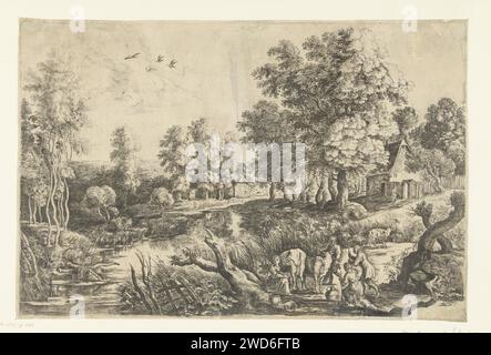 Bauern mit Rindern an einem Bach, Lucas van Uden, nach Peter Paul Rubens, 1605–1673 drucken Landschaft mit einem Bach und zwei Bauernhöfen. Vier Menschen und drei Kühe auf der Bank, von denen eine gemolken wird. Low Countries Papier ätzend Bach. Melken. Landwirte Stockfoto