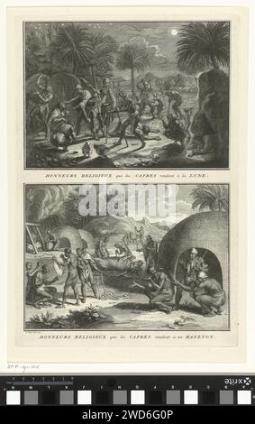 Rituale unter Afrikanern, die in der Nähe des Kap der Guten Hoffnung leben, Bernard Picart (Werkstatt oder), nach Bernard Picart, 1729 Blatt mit zwei Aufführungen von Ritualen unter Afrikanern, die in der Nähe des Kap der Guten Hoffnung leben. Die Afrikaner verehren den Mond. Sie tanzen und schreien bei Vollmond. Einige verdecken ihre Gesichter und kriechen ins Laufen. Die Afrikaner verehren ein Insekt. Wenn sich das Insekt auf einen Mann setzt, schlachten sie einen Ochsen zu seinen Ehren ab und werfen ihm ein Netz über den Kopf. Unter den Aufführungen eine Bildunterschrift auf Französisch. Amsterdamer Papierätzung / Gravur rituelle Praktiken  afrikanische Stammesreligionen. Opferbereitschaft Stockfoto