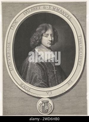 Portret van Kardinaal Emmanuel Théodore de la Tour d’Auvergne, Michel Natalis, nach Nicolas Mignard, 1665 Druck Porträt von Emmanuel Théodore de la Tour d’Auvergne, Kardinal von Bouillon, mit einem Kreuz auf der Brust. Büste nach rechts in Oval mit Rand. Am unteren Rand seine Waffe. Papiergravur mit Verschluss Stockfoto