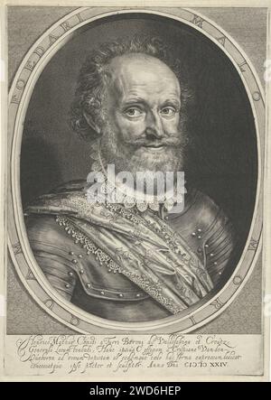 Porträt von Graf Hendrik Matthias von Thurn, Crispijn van den Queborn, 1624 Porträt von Hendrik Matthias von Thurn, Graf von Thurn und Taxis. Von Thurn war General und Diplomat von Friedrich V. van Bohemen und Gustaaf II., König von Schweden. Am Rande sein Name und Titel in lateinischer Sprache. Der Haager Papierstich Stockfoto