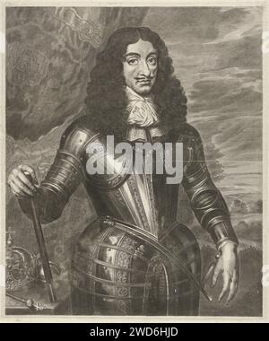 Porträt von Leopold I., Kaiser von Deutschland, anonym, nach Cornelis van Dalen (II), nach Pieter Nason, 1648–1705 Druckbild von Leopold I., Kaiser von Deutschland, stehend im Gurt mit Keizersattributes neben ihm: Kroon, Rijksappel und Zepter. Im Hintergrund Drapierung und Landschaft. Amsterdamer Papierstift (Symbol der Souveränität; Kugel mit Kreuz oben) Stockfoto