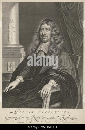 Porträt von Gillis Valckenier im Alter von 50 Jahren, Theodor Matham, nach Wallerant Vaillant, 1674 Druck Porträt von Gillis Valckenier, Bürgermeister von Amsterdam, im Alter von 50 Jahren. Amsterdamer Papierstich historischer Personen Stockfoto