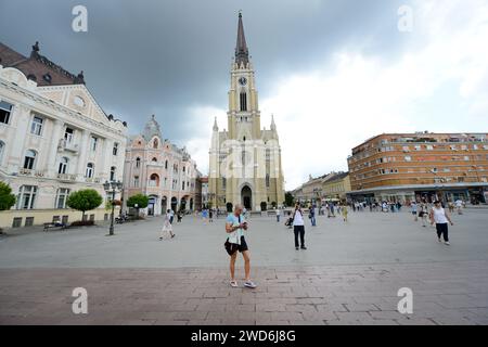 Der Name der katholischen Kirche Maria in der Altstadt von Novi Sad, Serbien. Stockfoto