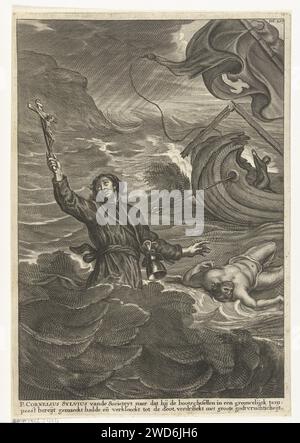 Ertrinkender Tod von Cornelis Sylvius, Gaspar Bouttats, 1669 Druck der Druck zeigt den heldenhaften Tod des Jesuiten Cornelis Sylvius. Inmitten eines stürmischen Meeres hält der Priester mit der rechten Hand ein Kruzifix. Eine Fehlgeburt ist an seinen Gürtel gebunden. Neben ihm treibt eine Leiche einen Seemann. Im Hintergrund ein Schiff, das das Spielzeug der wilden Wellen ist. Einer der Seeleute ist noch auf dem Schiff und betet. Der Druck hat eine niederländische Unterschrift: "P. Cornelius Sylvius Vande Societeyt Naer, dass er die Bootsghesellen in einem Grouwelijck-Sturm genommen und dem Doot, Treat with Great Godt fruiticheijt erzählt hatte. ' Nummeriert bei Stockfoto
