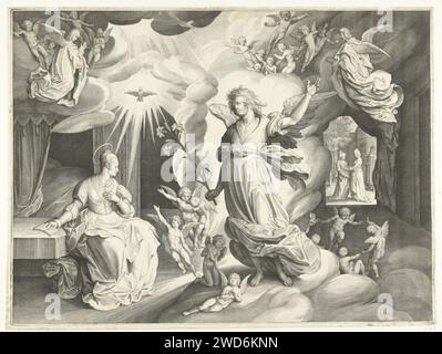 Verkündigung, Nicolaes de Bruyn, 1622 Print niederländisches Papier Gravur der Verkündigung: Maria, die normalerweise liest, wird vom Engel besucht (manchmal hört eine Frau das Gespräch) Stockfoto