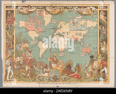 Weltkarte mit dem Kolonialreich British Empire, 1886, Walter Crane, nach John Charles Ready Colomb, 1886 Druck Weltkarte, auf der das ehemalige Kolonialreich British Empire, 1886, angegeben ist. Unten in der Mitte sitzt die britische Jungfrau Britannia auf einem Globus, der von menschlicher Arbeit in Form von Atlas unterstützt wird. Verschiedene Personifizierungen der Kolonien um sie herum. Über drei Figuren mit einem Banderol, die „Freiheit, Bruderschaft und Föderation“ bilden (Freiheit, Bruderschaft, Föderation). Oben links eine Einsatzkarte des britischen Kolonialreichs von 1786. In einer Reihe von Kolonien, eine Wette mit AC Stockfoto