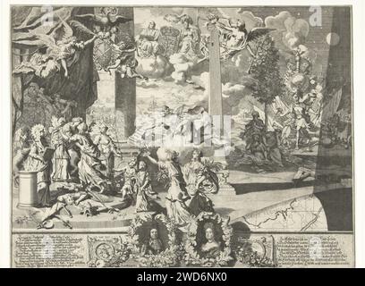 Allegory to the Altona Convention, 1689, Pieter van den Berge, 1689–1691 Printallegorical Show on the Altona Treaty von 1689. Unter Porträtbüsten von Christiaan Albrecht, Herzog von Holstein-Gottorp und seiner Frau Friederike Amalie van Dänemark. Im Himmel auf einer Wolke ihre Waffe. In der Mitte Mercury, das die Beute des Friedens bringt. Direkt hinter dem Mars mit Beruf und Schwert, hinter ihm alle möglichen Waffen. Neptunus kann man mit seinem Auto mit Seepferdchen auf dem Meer sehen. Auf beiden Seiten der Porträts steht ein Vers über den Altonaer Vertrag in deutscher Sprache. Hamburgische Papier zur Ätzung historischer Ereignisse und Situationen. (sto Stockfoto