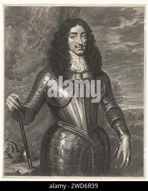 Porträt von Leopold I., Kaiser von Deutschland, Cornelis van Dalen (II), nach Pieter Nason, 1648–1664 Druck Porträt von Leopold I., Kaiser von Deutschland, stehend im Gurt mit Keizersattributes neben ihm: Kroon, Rijksappel und Zepter. Im Hintergrund Drapierung und Landschaft. Amsterdamer Papierstift (Symbol der Souveränität; Kugel mit Kreuz oben) Stockfoto