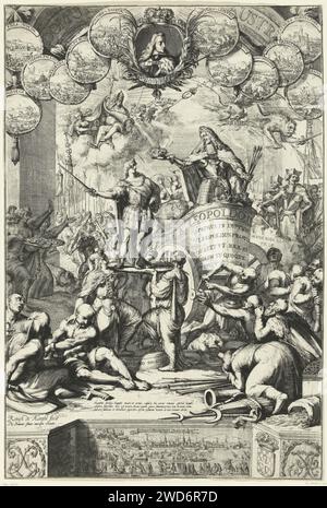 Allegorie über die Nachfolge Leopolds I. durch seinen Sohn Joseph I., 1687, Romeyn de Hooghe, 1687 Druck Allegory über die Nachfolge Leopolds I. durch seinen Sohn Joseph I., 1687. Leopold I. (fälschlicherweise als Leopold II. Interpretiert) steht auf einem Triumphwagen und übergibt seine königliche Krone von Ungarn an Joseph I. Der Triumphwagen wird von Türken gezogen. Oben befindet sich ein Medaillon mit einem Porträt von Karl II. Von Spanien mit Bildern der Siege auf den Türken auf beiden Seiten. Am unteren Ende befindet sich eine Darstellung der Krönungsprozession in Presburgh, dem heutigen Bratislava. Antwerpener Papierätzkrönung eines Herrschers Stockfoto