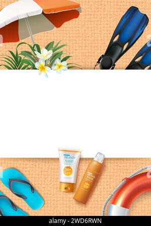 Realistische Vektordarstellung. Sommer-spf-Kosmetikbanner mit Handtuchstruktur, Draufsicht. Regenschirm, Creme, Sandalen, Life-you, Stock Vektor