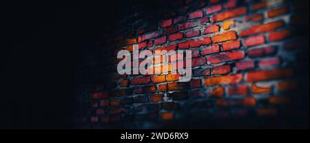 Perspektivischer Hintergrund der Ziegelwand. 3D-Rendering einer Ziegelwand mit dramatischem Spiel von Licht und Schatten vor dunklem Hintergrund Stockfoto