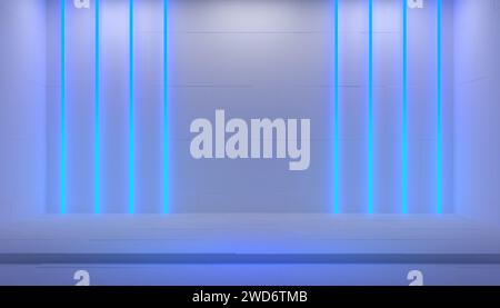 Weiße Hintergrundbühne mit blauen vertikalen leuchtenden Neonlichtern und Podium, 3D-Illustration Stockfoto