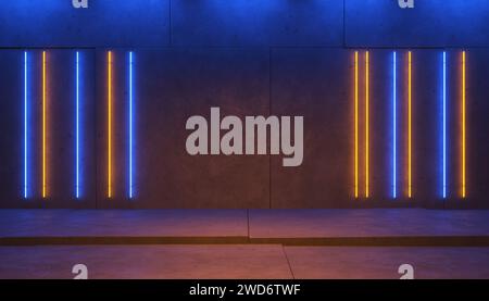 Abstrakte blaue gelbe Neonlichtlinien auf Betonwand. Hintergrund des Konzepts der 3D-Illustration Stockfoto