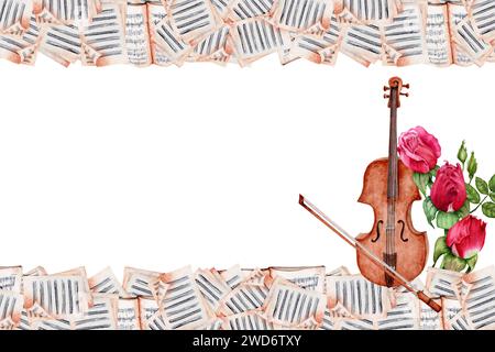Grußkartendesign mit klassischer Musik. Geige mit Bogen und Notenblätter mit Roten Rosen-Komposition verziert. Aquarellabbildung isoliert Stockfoto
