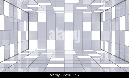 Abstrakter beleuchteter Flur, Mischung aus Licht und Schatten in einem 3D-Raum. Stockfoto