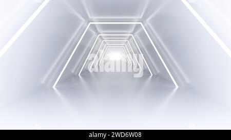 Weiße Neonlichter bilden einen symmetrischen, unendlichen Korridor, moderne Sci-fi-Atmosphäre. 3D-Rendering. Stockfoto
