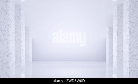 3D-Illustration mit minimalistischem Hintergrund, Marmorsäulen und heller, geräumiger Szene. Stockfoto