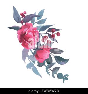 Aquarellstrauß von rosa Rose, Sammlung Gartenblumen, Blätter, Illustration isoliert auf weißem Hintergrund, Eukalyptus, Kräuter. bud and Leaf Stock Vektor