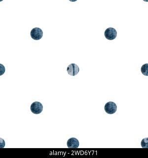 Nahtloses Aquarellmuster mit blauen Punkten auf weißem Hintergrund. Einfache Tropfen, Pinselstriche in Form eines Kreises. Handgefertigter gepunkteter Hintergrund Stockfoto