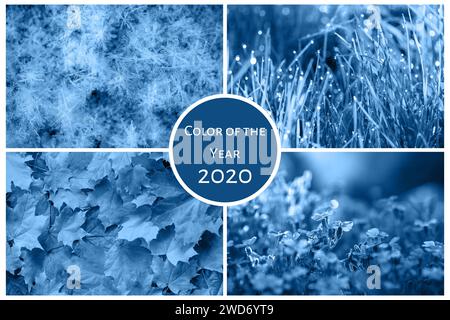 Konzept der Trendfarbe des Jahres 2020 klassisches Blau. Four Seasons Collage: Winter, Frühling, Sommer, Herbst Stockfoto