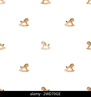 Nahtloses Aquarellmuster von niedlichen Vintage-Holzschaukelpferden. Bezauberndes Muster von Kinderspielzeug zum Bedrucken von Textilien und Geschenkpapier Stockfoto