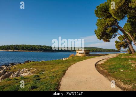 Ein Bunker aus dem Zweiten Weltkrieg an der Küste des Waldparks Kasteja - Park Suma Kasteja - in Medulin, Istrien, Kroatien. Dezember Stockfoto