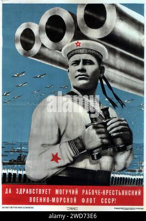 Viktor Koretzky, es lebe die Rote Marine! 1939 - Vintage sowjetische Werbung und Propaganda - "es lebe die mächtigen Arbeiter-Bauern' Rote Marine der UdSSR!" Dieses Poster zeigt einen muskulösen Seemann mit einem Hintergrund aus Marinekanonen, Schiffen und Flugzeugen. Das grafische Design ist typisch für die sowjetische Ära und verherrlicht die militärische Macht der Marine der UdSSR. Es verwendet eine Kombination aus Realismus für die Figur und einer stilisierten Darstellung der Maschine. Stockfoto