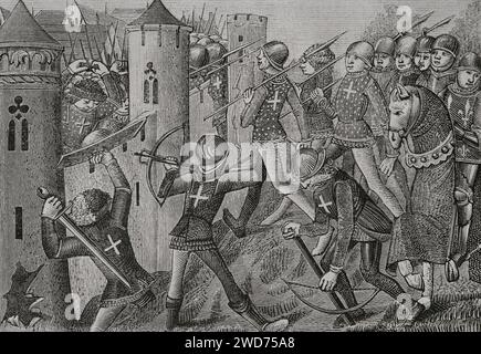 Hundertjähriger Krieg (1415-1429). Schlacht von Jargeau (11-12. Juni 1429). Die Franzosen, angeführt von Joan of Arc, ergriffen die Initiative und besiegten die englischen Truppen. Wie Gergeau genommen wurde. Kupferstich aus einer Miniatur der französischen Handschrift „Vigiles du ROI Charles VII“, ca. 1484. Sciences & Lettres au Moyen Age et à l'époque de la Renaissance. Paris, 1877. Stockfoto