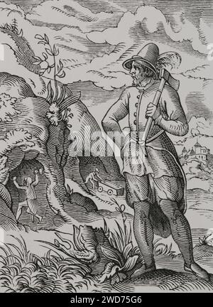 Miner. Zeichnung und Stich von Jost Amman im 16. Jahrhundert. Sciences & Lettres au Moyen Age et à l'époque de la Renaissance. Paris, 1877. Autor: Jost Amman (1539-1591). Schweizerisch-deutscher Künstler. Stockfoto