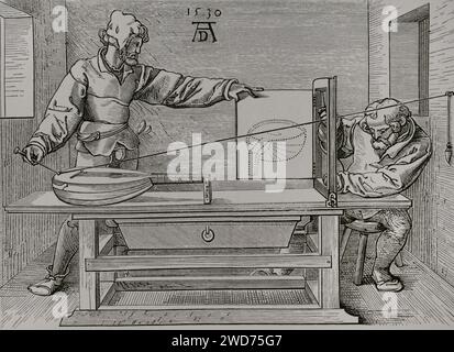 Ein Instrument der mathematischen Präzision für die perspektivische Gestaltung von Objekten. Faksimile eines Stiches von Albert Dürers Werk Institutionem Geometricarum Libri Quatuor aus dem Jahr 1535. Sciences & Lettres au Moyen Age et à l'époque de la Renaissance. Paris, 1877. Stockfoto