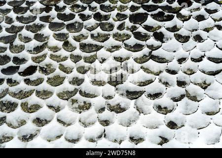 Ein gekacheltes Dach eines mit Schnee bedeckten Gebäudes. Aubrac, Frankreich Stockfoto