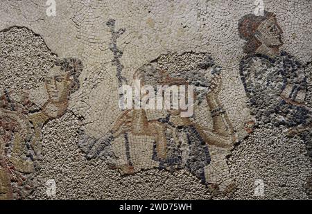 Der indische Triumph von Bacchus. Römische Mosaikplatte. 3.-4. Jahrhundert n. Chr. Details. Von Torre de Palma aus lusitisch-römische Villa, Monforte, Portalegre Viertel, Portugal. Nationalmuseum Für Archäologie. Lissabon, Portugal. Stockfoto