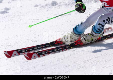 Blick aus der Nähe auf Skiläufer, die auf einer alpinen Skipiste fahren Stockfoto