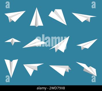 Symbol für einfache Papierebenen festlegen. Weiße Origami-Papierflugzeuge aus verschiedenen Winkeln. Handgefertigtes Flugzeug auf blauem Hintergrund. Vektorabbildung. Stock Vektor
