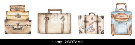 Wasserfarben Koffer Set für Reise-Clipart. Handgezeichnete Aquarellillustration von braunen Vintage-Koffern. Stockfoto