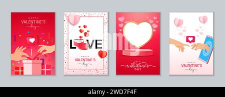 Kreatives Posterset zum Happy Valentines Day. Paar Hände, 3D-herzförmige Geschenkbox, leeres Podium und Papierherzen auf rosa Konfetti Hintergrund. Vektor Stock Vektor