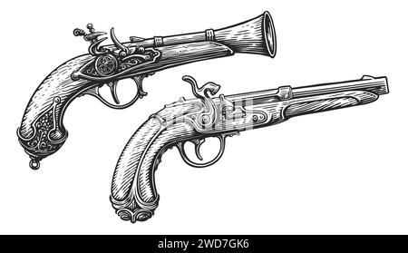 Antike Muskettenpistole mit Holzgriff. Skizze der Flintlock-Pistole. Handgezeichnete Skizze Vintage Vektor Illustration Stock Vektor