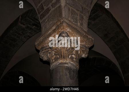 Dekorierte Hauptstadt in der Krypta einer romanisch-apulischen Kathedrale, die 1099 begonnen wurde, die Cattedrale di San Nicola Pellegrino oder Basilica cattedrale di Santa Maria Assunta, in Trani an der Adriaküste in Apulien (Apulien), Italien. Stockfoto