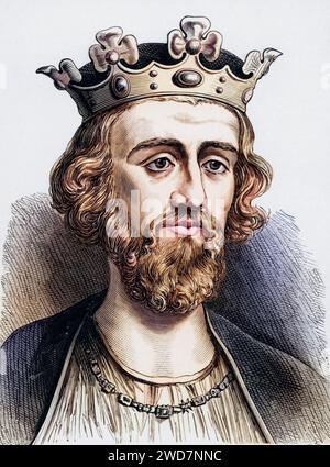 Eduard II (1284–1327) König von England ab 1307, Sohn von Edward I. und Eleonore von Kastilien, 1301 zum Prince of Wales ernannt, 1307 zur Abdankung gezwungen und in Berkeley Castle ermordet, Mitglied der Plantagenet-Dynastie, Historisch, digital restaurierte Reproduktion von einer Vorlage aus dem 19. Jahrhundert, Datum nicht angegeben Stockfoto